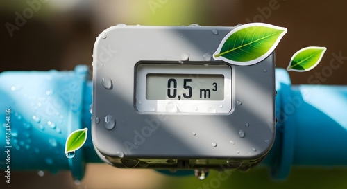 Smart water meter displays consumption with eco leaf symbol, promoting conservation