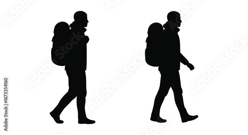 silhouettes of two people walking with backpacks on white background