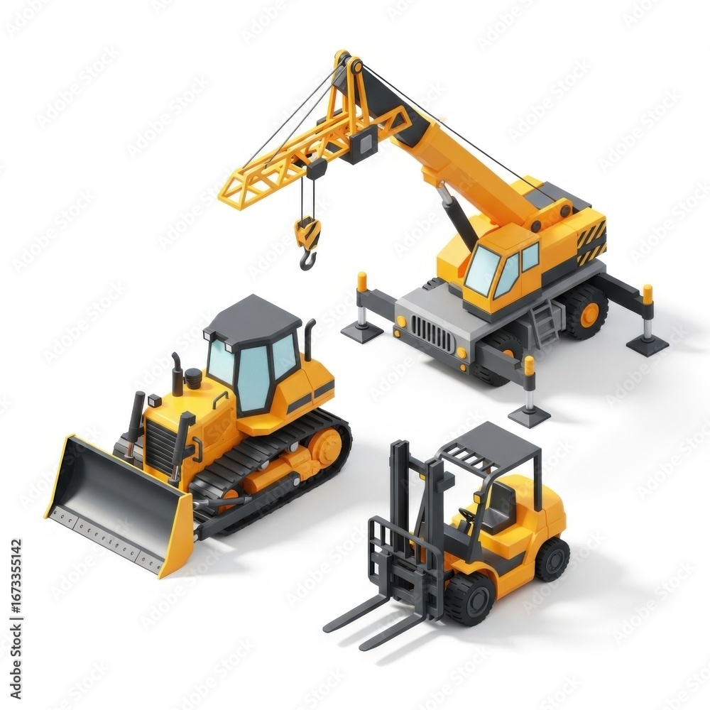 Fototapeta premium 3D Isometric Construction Vehicles Icon Set Featuring Crane Truck, Bulldozer, and Forklift on Clean Minimal Background for Industrial, Engineering, and Heavy Equipment Themes