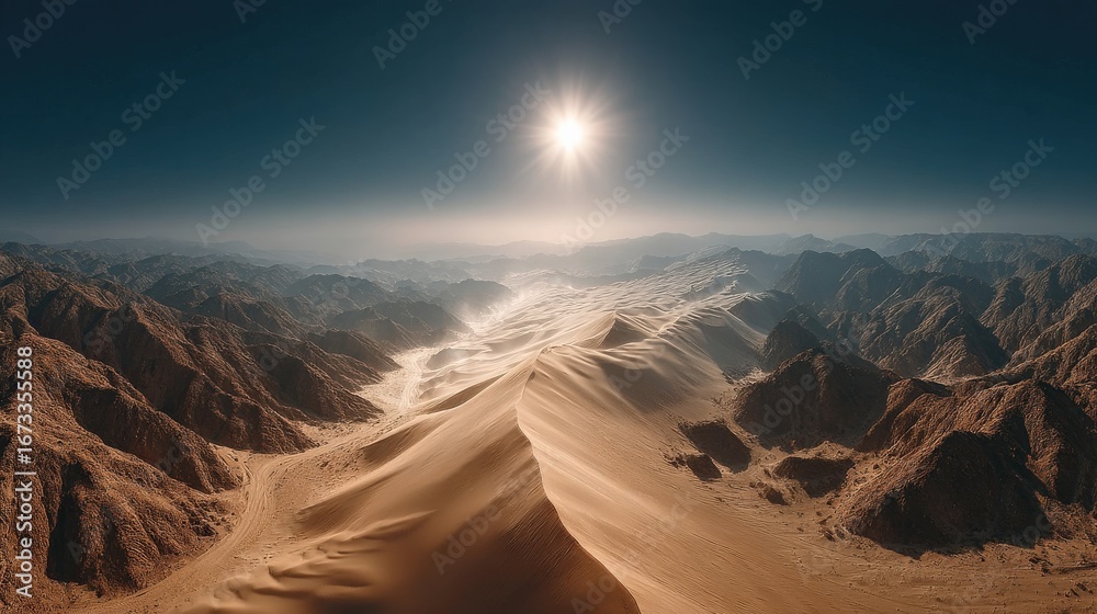 Naklejka premium Vast desert landscape with a bright sun shining over rugged mountains and sand dunes under a clear blue sky