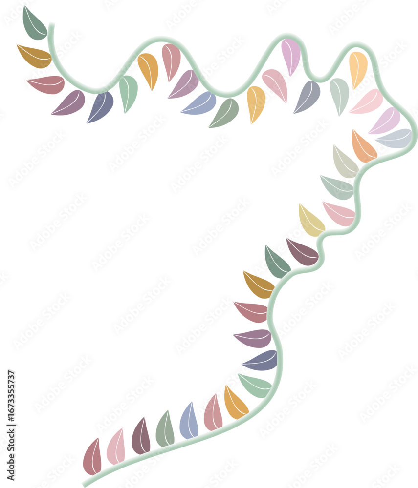 Obraz premium Curved Vine-Like Line with Colorful Leaf Pairs, Abstract Nature Border on Light Gray, vector illustration of an abstract floral background