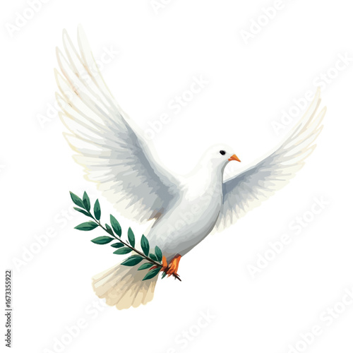 Vsai white dove flying and holding olive branch, symbol of peace and hope