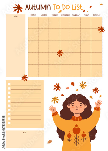 Autumn Planner with Happy Woman with Fall Leaves. Organizer for grid Calendar Month, To-Do list and Note, memo. Seasonal Vertical printable flat Template. Vector illustration. Kids collection. Not AI