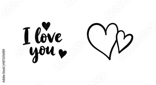 A set of cute hand drawn love hearts and text