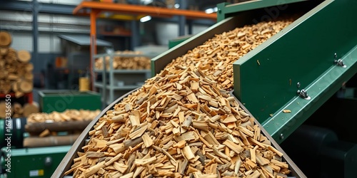 Heavy-duty conveyor belt transporting wood chips from industrial wood shredder,  automation,   timber