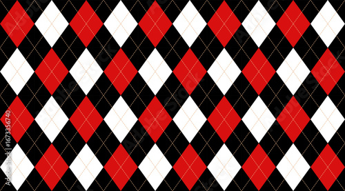 Harlequin red and black seamless pattern. Argyle diamond fabric texture. Classic lozenge simple background with gold line. Joker venetian rhombus carnival ornament bg. Vector design illustration.
