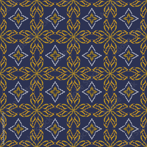 A vibrant blue and yellow pattern with a dynamic, symmetrical design featuring intricate motifs.
