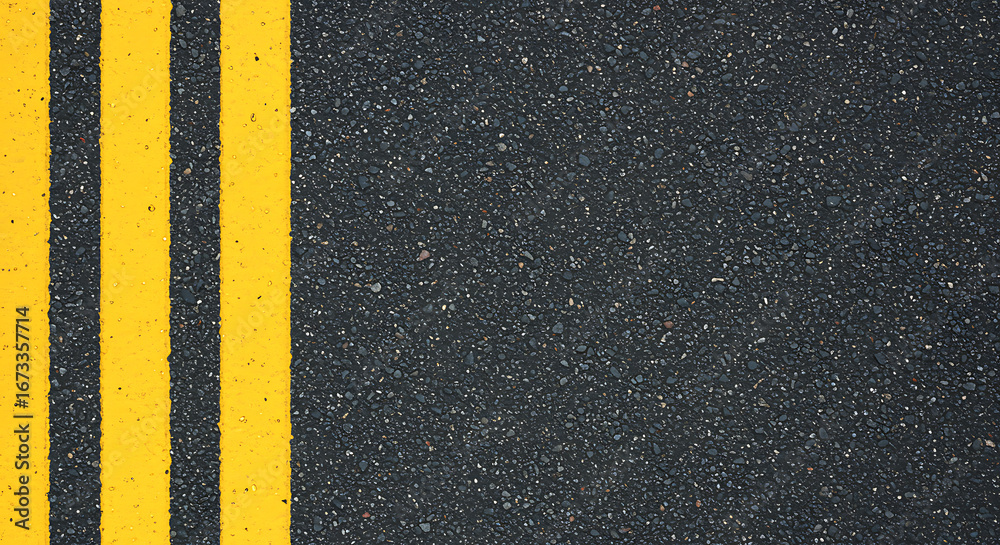 Fototapeta premium Close up overhead view of bright yellow double traffic lines painted on a textured dark asphalt road surface creating a bold graphic pattern