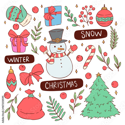 set of hand drawn cute christmas elements vector illustration