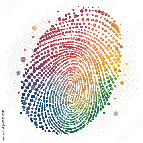 Uncover unique identity with vibrant rainbow fingerprint artistry, symbolizing individuality and diversity in a modern, abstract design.