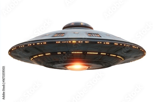 UFO flying saucer realistic isolated on white background. Alien spaceship icon. Extraterrestrial UFO craft. Sci-fi alien vehicle. Spacecraft. Futuristic UFO saucer design. Sci-fi UFO Concept.
