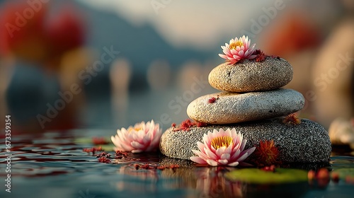 Serene composition of balanced stones stacked above lotus flowers floating on calm water at sunset, with soft blue to pink gradient background symbolizing peace, harmony, mindfulness