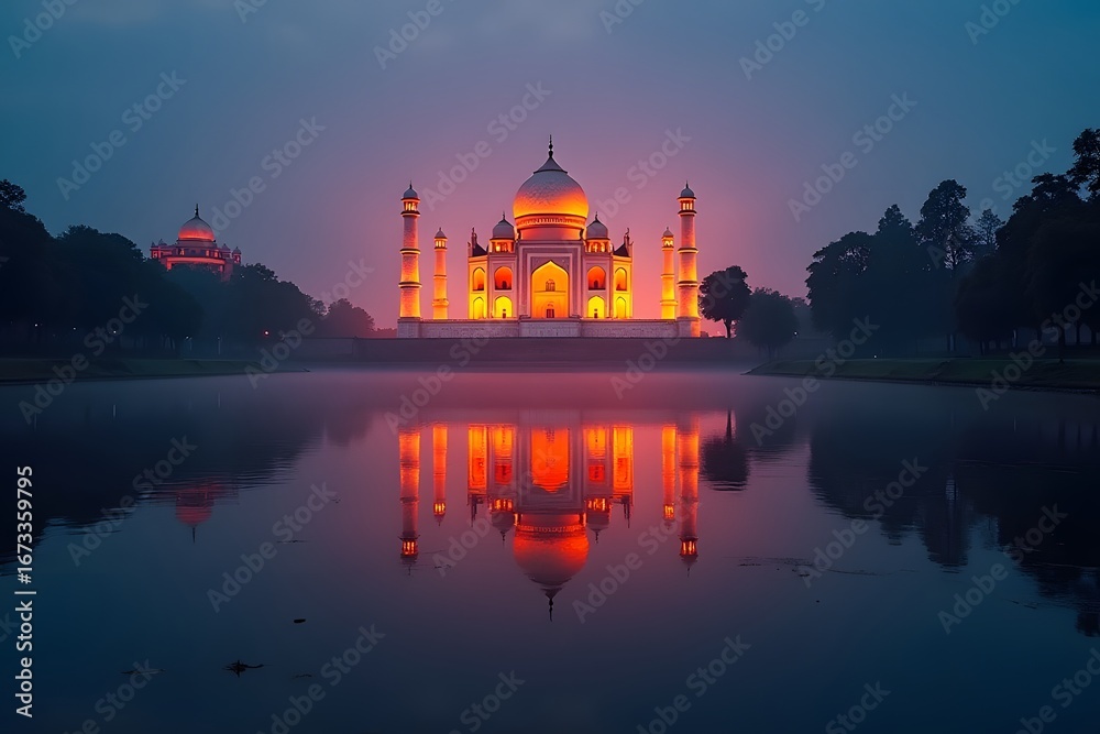 Fototapeta premium Welcome to India – colorful glowing sign by Taj Mahal reflecting in Yamuna River at dawn, cinematic 4K. 