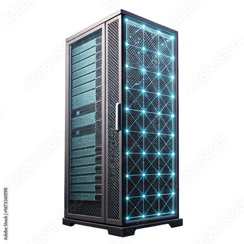 Modern server rack glowing with digital network connections, representing data processing and cloud computing power