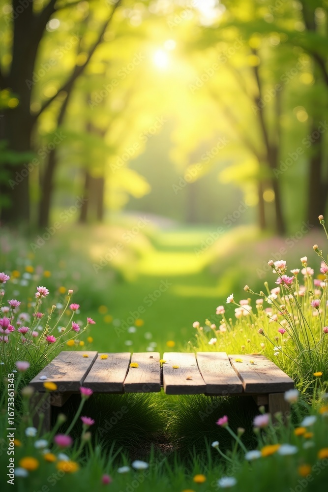 Naklejka premium Serene forest path with wildflowers and wooden bench