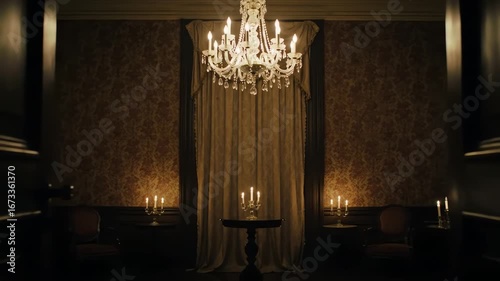 Eerie Elegance A Grand Chandelier Illuminates the Dark, Vintage Haunted House Interior of an Abandoned Mansion's Formal Dining Hall, Evoking Mystery and Old-World Charm