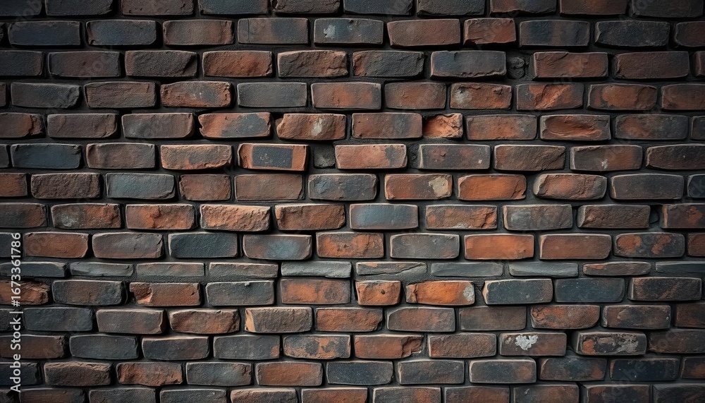 Naklejka premium A weathered dark brick wall, texture rough and uneven, texture, rough