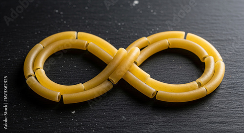 Creative infinity loop shape made from macaroni pasta arranged on dark slate surface conceptual food background