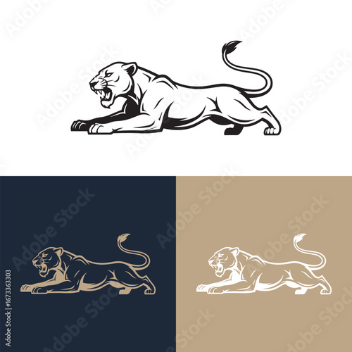 Aggressive Panther Mascot Crouching Vector Illustration