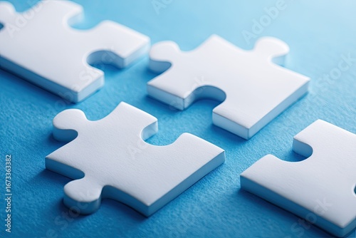 Four white puzzle pieces fitting together on a light blue surface