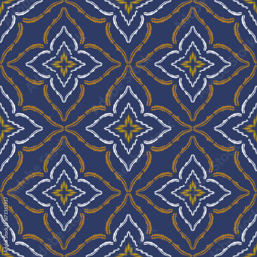 A vibrant blue and yellow pattern with a dynamic, symmetrical design featuring intricate motifs.