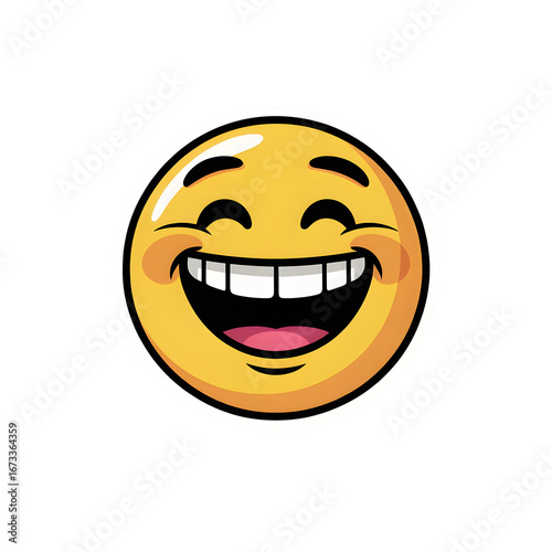 Cheerful yellow emoji with a big smile and laughter isolated on transparent background