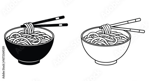 Black and white noodle bowls with chopsticks
