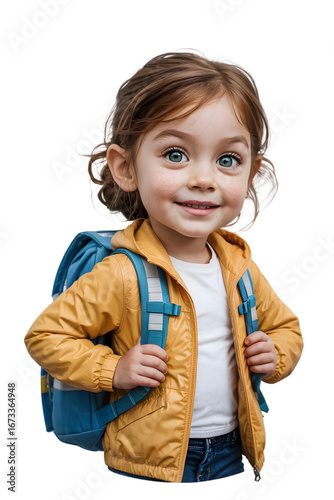 Cute little girl with backpack ready for school isolated on transparent background and smiling