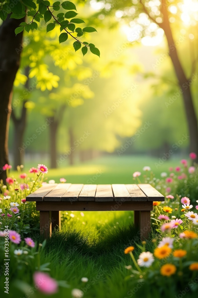 Naklejka premium Wooden picnic table surrounded by vibrant wildflowers