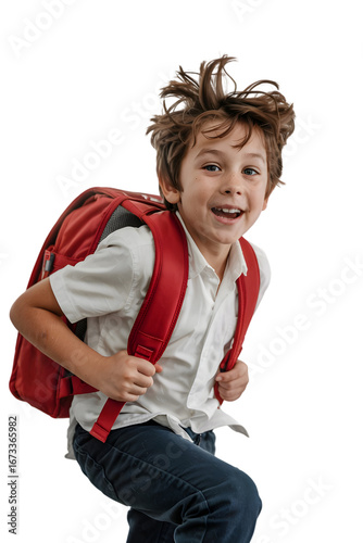 Happy schoolboy with backpack isolated on transparent background is ready for school day