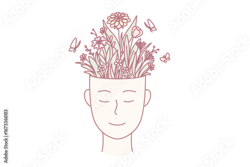 Creativity, personal development, individual growth concept. Human hand with smile and full of flowers blooming in pot vector illustration