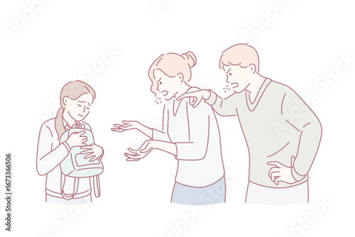 Home abuse and scandal concept. Furious angry parents mom and dad shouting screaming at their sad daughter holding backpack vector illustration
