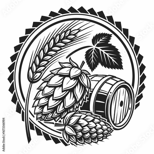 Vector art of vintage beer brewing logo with hops and barrel design