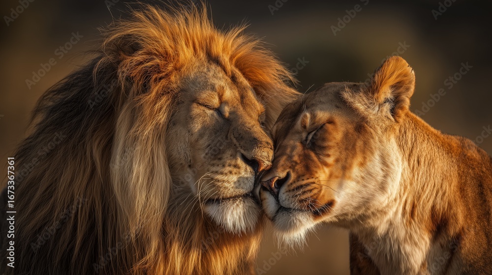 Fototapeta premium Intimate moment between a male lion and a tigress nuzzling with heads together in warm golden savanna light