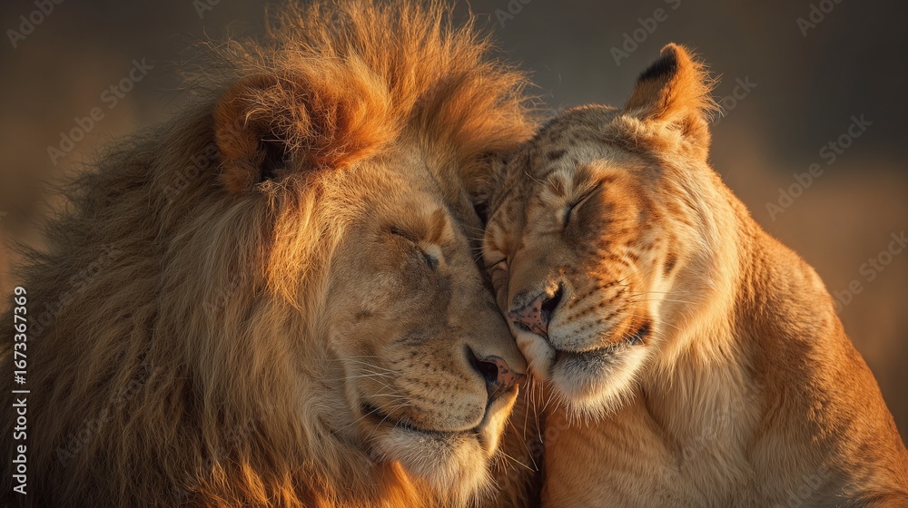 Fototapeta premium Intimate moment between a male lion and a tigress in warm golden light