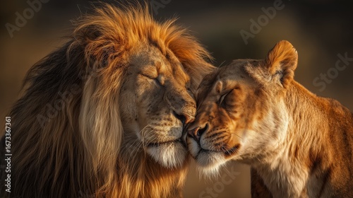 Intimate moment between a male lion and a tigress nuzzling with heads together in warm golden savanna light