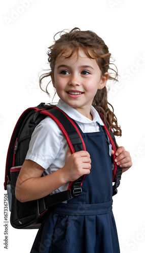 Smiling schoolgirl with backpack isolated on transparent background looking to the side
