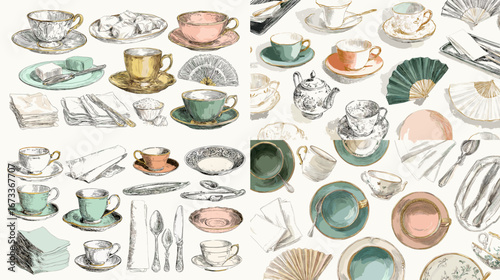 Hand-drawn vintage tea cups, saucers, fans, and cutlery illustration set. Perfect for retro dining designs, kitchen decor, tea time, and elegant culinary artwork.
