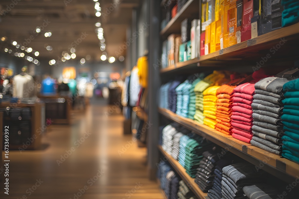 Obraz premium Merchandise nicely displayed on shelves in a bright shop perfect for web banners wide shot