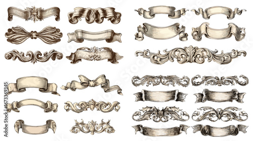 Vintage baroque ribbon banner collection with ornate scroll decorations. Perfect for invitations, labels, certificates, heraldic emblems, and classic graphic design.