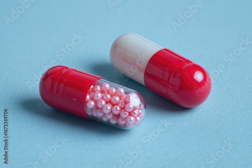 Two red and white capsules with small pink beads inside, on a light blue surface