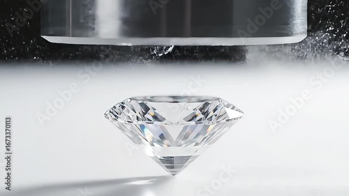 Close-up of diamond under pressure with industrial metal press