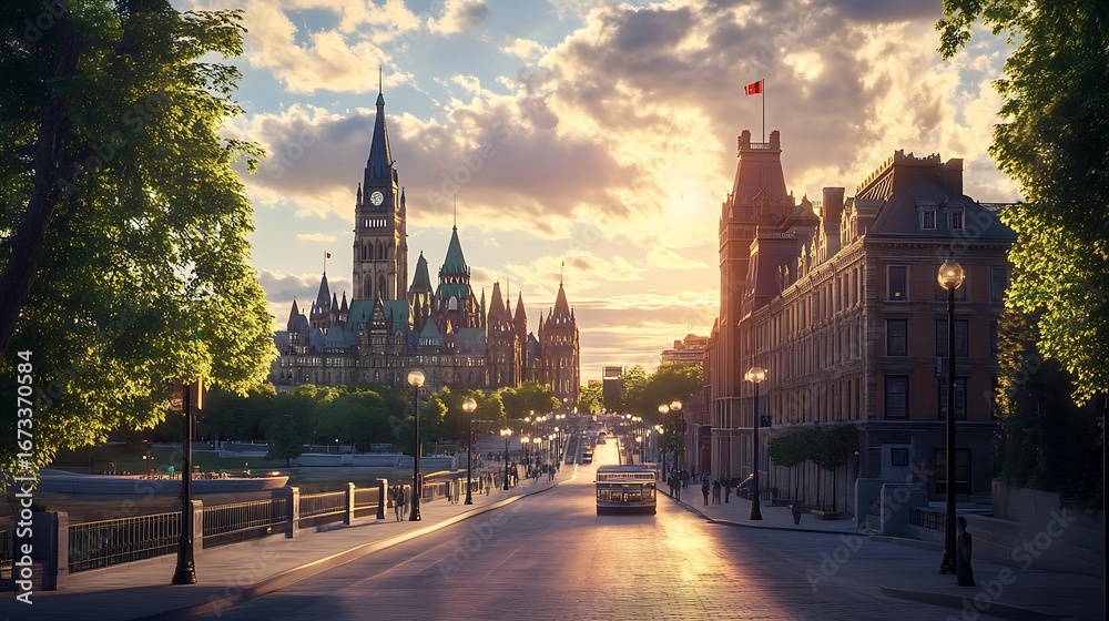 Fototapeta premium Scenic downtown ottawa architecture glowing under dramatic sunset sky evening image