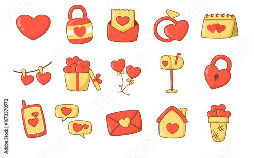 Vector illustration set of romantic love stuff. Perfect for pattern, web design, wedding invitation, and many more design