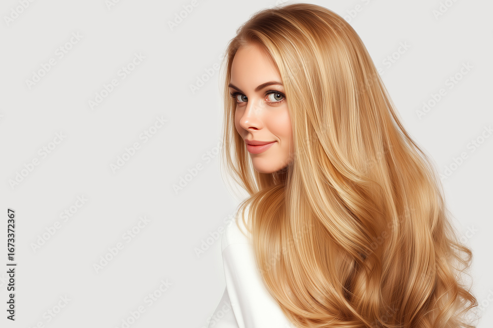 Naklejka premium A charming blonde woman with light curls, seen from behind against a light background, studio photograph.