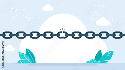 A weak link. Black broken chain. Broken or unleashed black chain like freedom icon. Concept of lost control sign or system vulnerability or security risk. Vector illustration