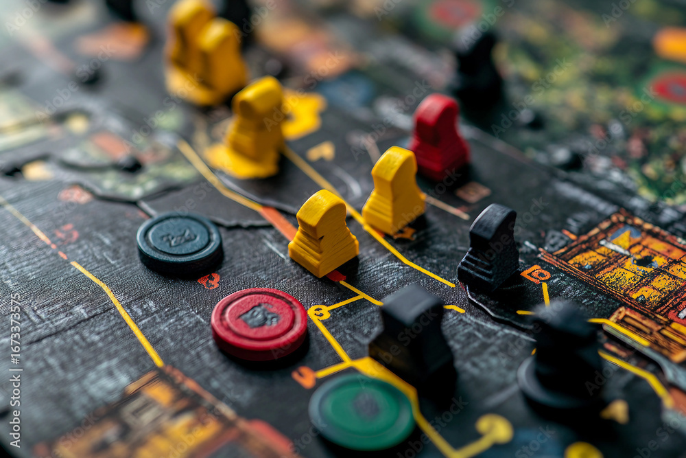 Fototapeta premium Generative AI close-up of black chess king piece with pawns on a chessboard symbolizing strategy and leadership