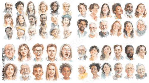 Detailed watercolor portraits of men and women in diverse styles and expressions. Perfect for art projects, diversity illustration, character references, and design.