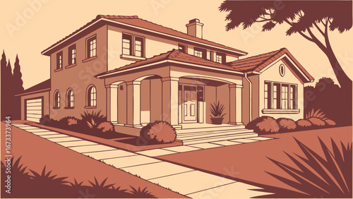 Modern Two-Story House Illustration.