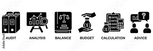 Accounting icon set vector illustration concept with icon of business and finance with an icon of the audit, analysis, balance, budget, calculation, and advice